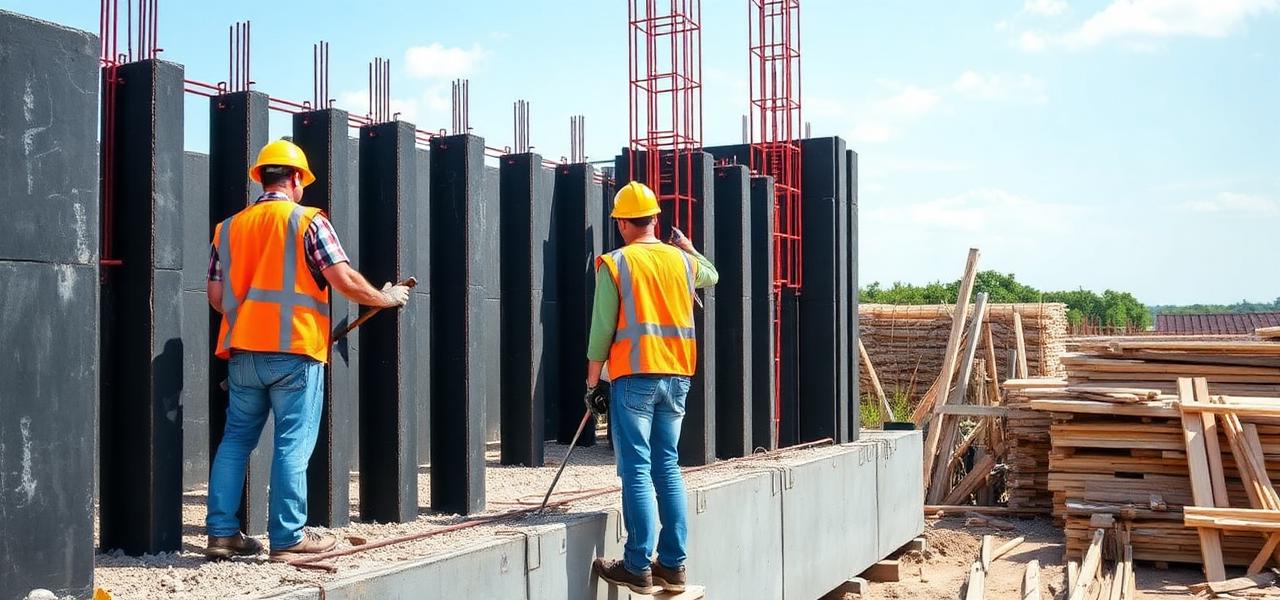 Operários em obra usando madeirite plastificado para formas de concreto