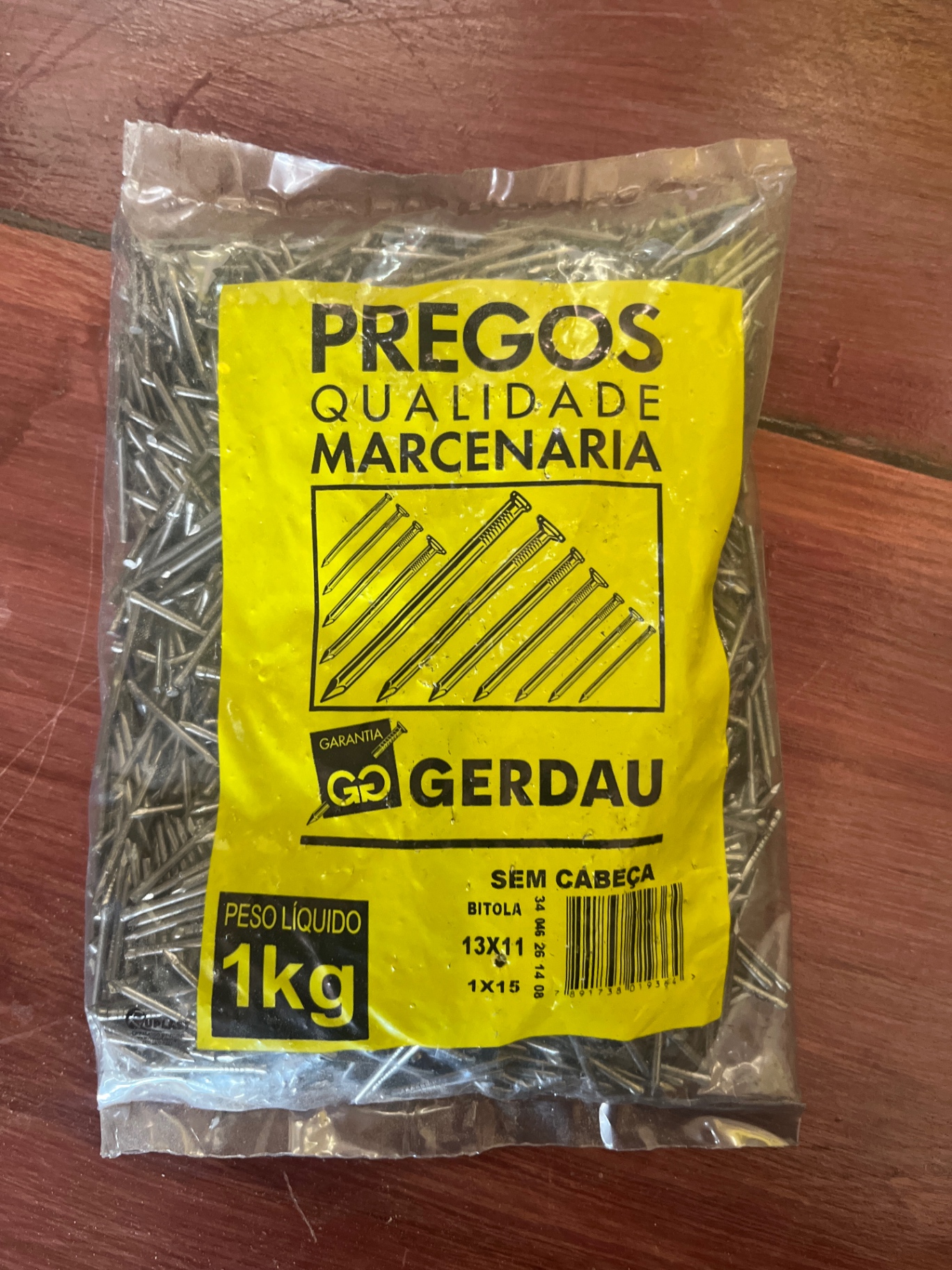 Prego Gerdau Bitola 1x15 — Sem cabeça · 1 kg · qualidade marcenaria